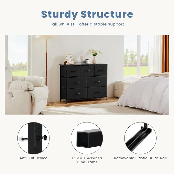 Dresser for Bedroom with 7 Drawers, Anti-Tip Wide Fabric Chests Storage Organizer Tower Furniture, TV Stand for TV up to 45 inch with Wooden Top Metal Frame for Clothes, Living Room, Hallway, Entryway