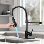 DJS Kitchen Faucets with Pull Down Sprayer LED Light Single Handle 1 or 3 Holes Spring Kitchen Sink Faucet with Deck Plate for Farmhouse RV Vessel Basin