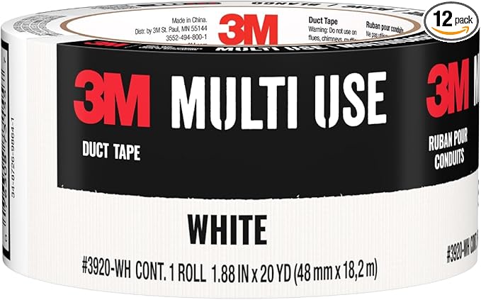 3M Multi-Use Colored Duct Tape,White with Strong Adhesive and Water-Resistant Backing,Multi-Surface Duct Tape for Indoor and Outdoor Use,1.88 Inches x 20 Yards,1 Roll (3920-WH),(Pack of 12)