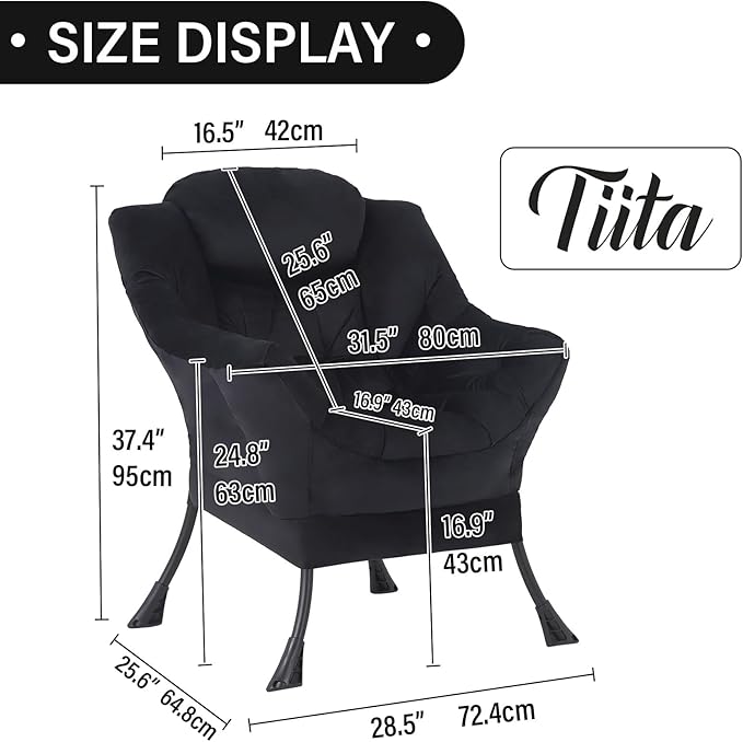 Tiita Lazy Chair, Black Modern Large Accent Armchair, Comfy Leisure Sofa Reading Chair for Bedroom, Living Room, Dorm Rooms, Garden and Courtyard, Black