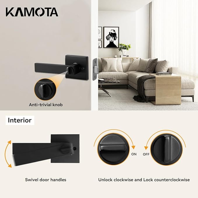 KAMOTA Privacy Door Levers, 6 Pack Matte Black Door Handles Bed and Bath Door Locks Interior Keyless Locksets, Left and Right Hand Reversible