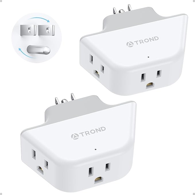 TROND 360 Rotating Plug Outlet Extender 2 Pack, 3 Way Angled Wall Outlet Adapter, Small Multiple Plug Splitter for Bathroom Kitchen Cruise Ship Travel Essentials, White
