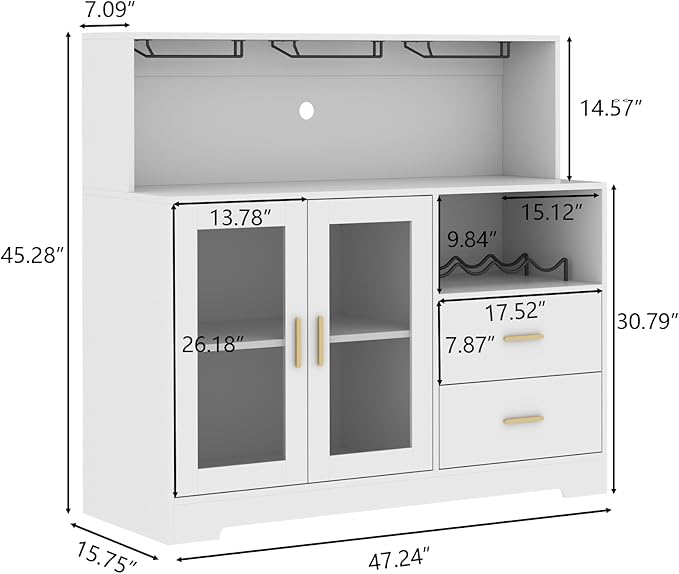 Bar Cabinet for Home with LED Light, Coffee Bar Cabinet with Wine & Glass Rack, Wine Cabinets with Storage Cabinet &Drawers, Modern Liquor Cabinets for Kitchen, Living Room, Dining Room (White)