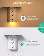 PD20W Wall Outlet Extender, Outlet Splitter with Shelf and Night Light, USB Wall Charger with 5 AC Outlets and 3 USB A Ports 1 USB C Ports Wide Space 3-Sided Power Strip Multi Plug Outlets