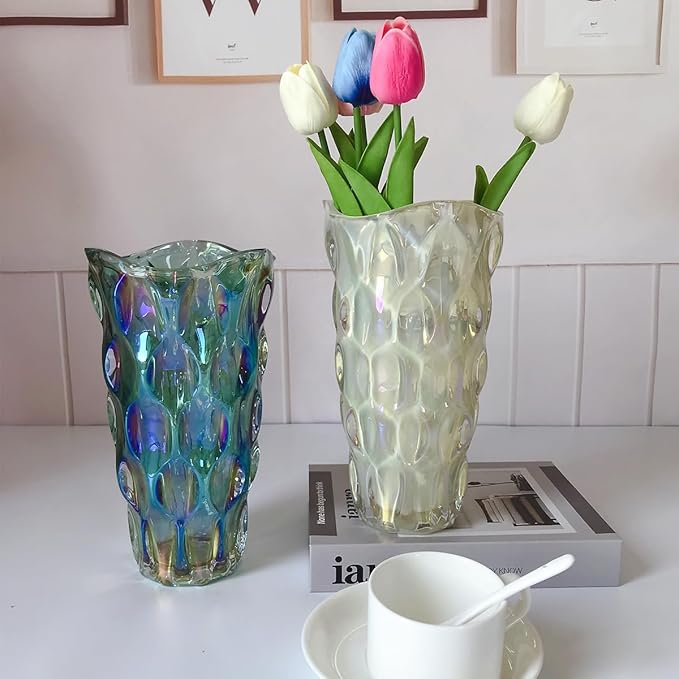 Unbreakable Flower Glass Vase 3.5lb 9.5inch Sparkle vase Bohemian Style, for Centerpieces,Kitchen,Office, Living Room,Wedding,Perfect Home Decor Glass Vase (Sparkle Cream)
