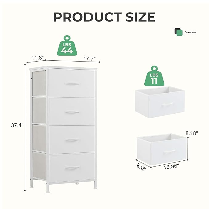 Dresser for Bedroom with 4 Drawers, Anti-Tip Tall Fabric Chests Storage Organizer Tower Furniture with Wooden Top Metal Frame for Clothes, Closet, Living Room, Hallway, Entryway
