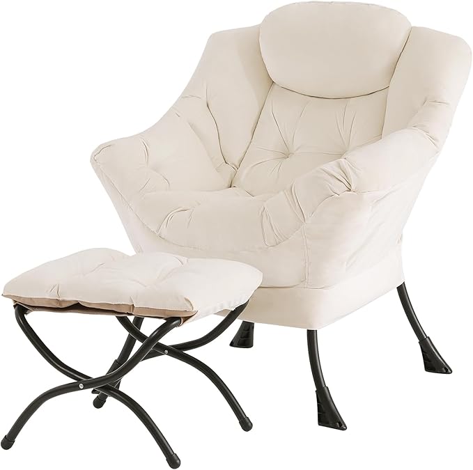 Tiita Lazy Chair with Ottoman, Beige Modern Large Accent Chair, Comfy Leisure Sofa Armchair with Ottoman, Reading Chair with Footrest for Bedroom, Living Room, Dorm Rooms, Velvet Beige