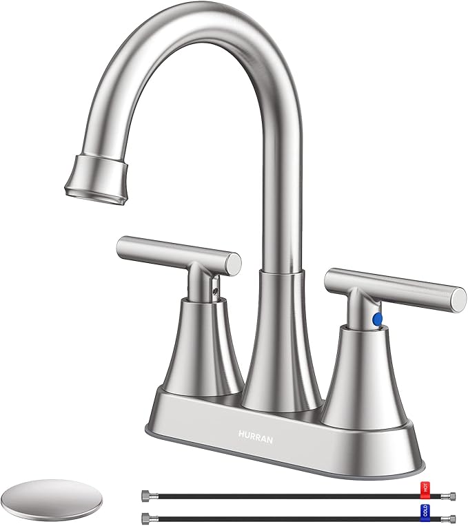 Bathroom Faucets for Sink 3 Hole, Hurran 4 inch Brushed Nickel Bathroom Sink Faucet with Pop-up Drain and Supply Lines, Stainless Steel Centerset Faucets for Sink Vanity RV