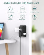 Surge Protector, Outlet Extender with Night Light, Addtam 5-Outlet Splitter and 4 USB Ports(1 USB C), Multi Plug Wall Outlet for Home Office Dorm Room Essentials Black