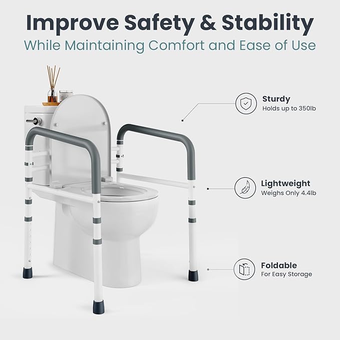 PELEGON Toilet Safety Rails (350 lb) - Adjustable Toilet Safety Frame & Rails, Toilet Safety Rail for Elderly Adults, Toilet Handles for Seniors, Toilet Bars for Elderly, Disabled & Handicap - White
