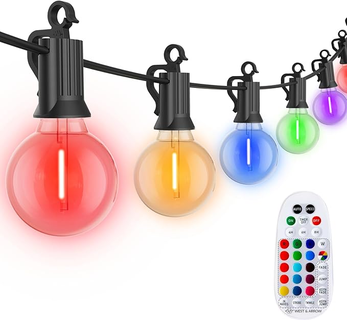 Brightown Outdoor String Lights 29 Feet G40 LED Patio Lights, 13 Plastic Multicolor Bulbs(1 Spare), Remote, Timer, Waterproof Connectable Hanging Light for Porch Balcony Party Decor, E12 Base, RGBW