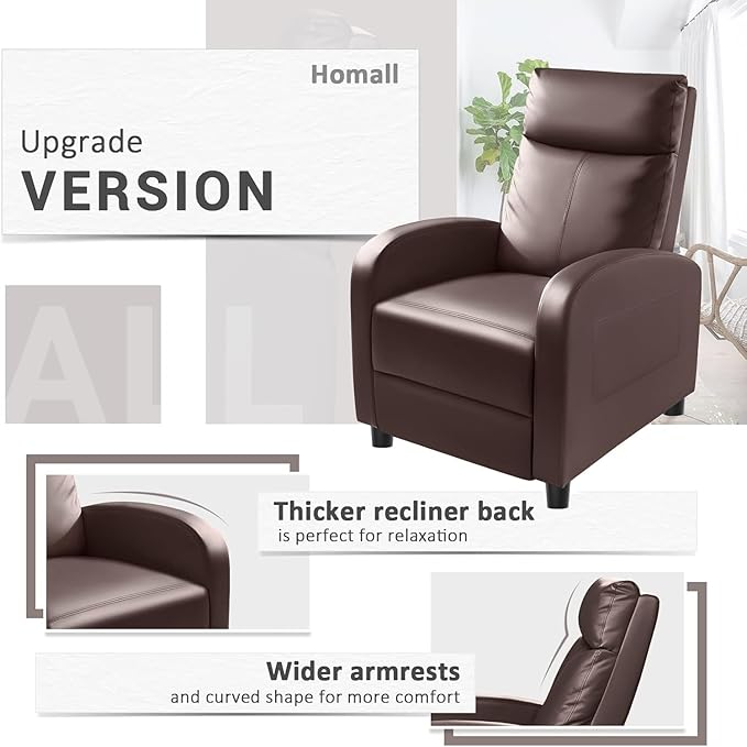 Homall Recliner Chair, Recliner Sofa for Adults, Recliners Home Theater Seating with Lumbar Support, Reclining Sofa Chair for Living Room (Leather, Brown)