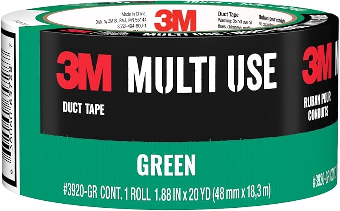 3M Multi-Use Colored Duct Tape, Green with Strong Adhesive and Water-Resistant Backing, Multi-Surface 3M Duct Tape for Indoor and Outdoor Use, 1.88 Inches x 20 Yards, 1 Roll (3920-GR)