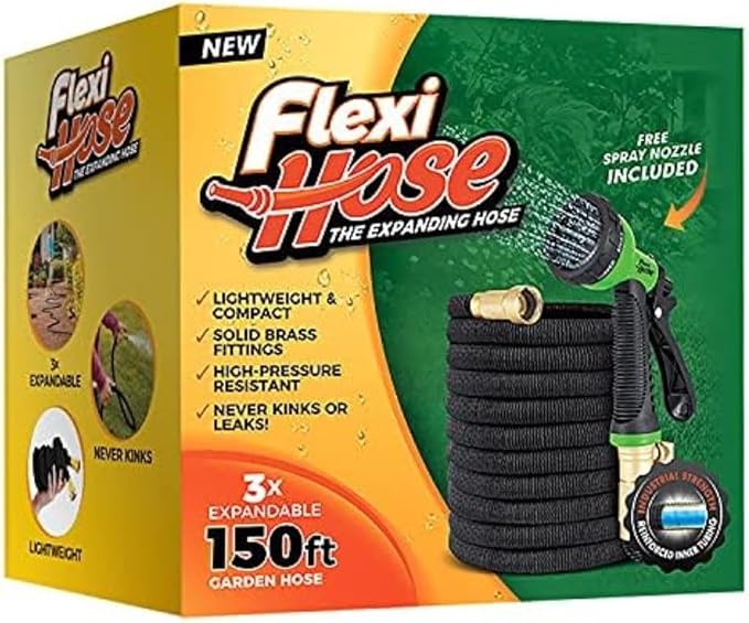 Flexi Hose Lightweight Expandable Garden Hose, 150FT -Retractable Garden Hose, Water Hose - No-Kink Flexibility, 3/4 Inch Solid Brass Fittings and Double Latex Core