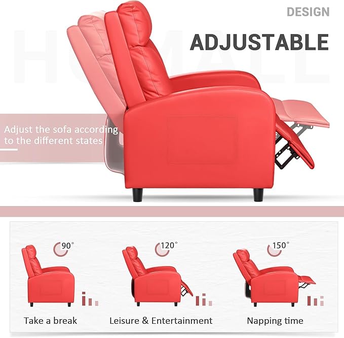 Homall Recliner Chair, Recliner Sofa for Adults, Recliners Home Theater Seating with Lumbar Support, Reclining Sofa Chair for Living Room (Leather, Red)