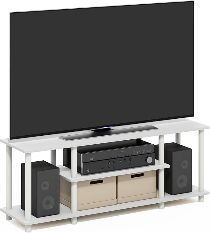 Furinno Turn-N-Tube TV Stand, 3-Tier Open Frame Rectangular Entertainment Center with Storage Shelf, TV Console for TV up to 50 Inch, Toolless Assembly, for Living Room, Bedroom, White