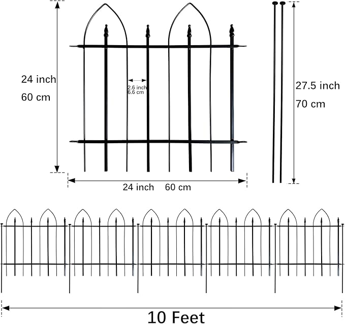 Garden Fence 24" H x 24" W (5 Panels, Total 10 ft), Metal Fence Decorative Border Fence, Rustproof Landscape Fencing for Dog, Flower Bed, Yard, Patio, Animal Barrier