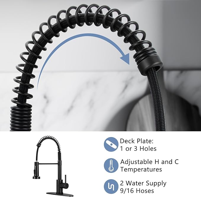 DJS Kitchen Faucets with Pull Down Sprayer Oil Rubbed Bronze -High Arc Single Handle 1 or 3 Holes Spring Kitchen Sink Faucet with Deck Plate for Farmhouse RV Vessel Basin