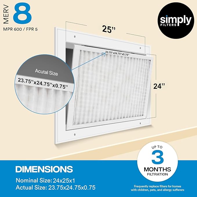 Simply 24x25x1 Air Filter, Merv 8, 6 Pack, For Home AC Furnace & HVAC (Actual Size: 23.75"x24.75"x0.75") DUST, Pet, & Allergy Control
