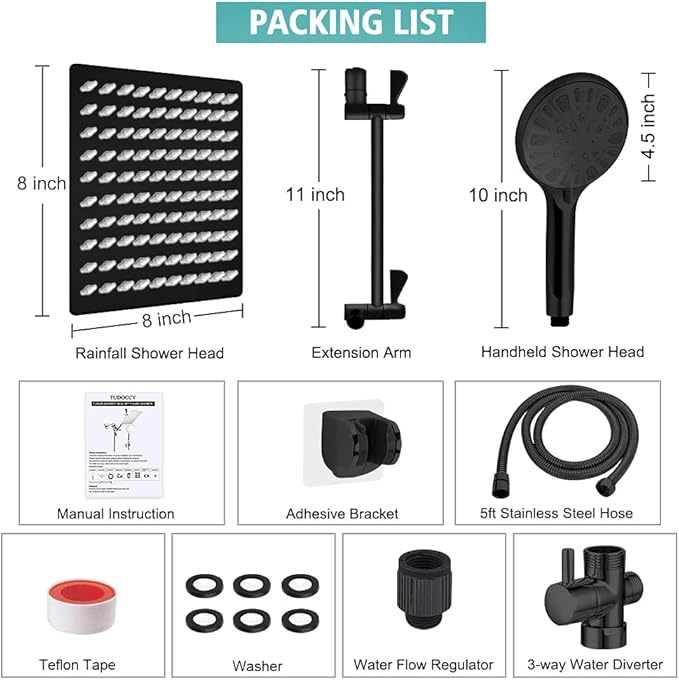 Shower Head, 8‘’ High Pressure Rainfall Shower Head/Handheld Shower Combo with 11'' Extension Arm, 9 Settings Anti-leak Shower Head with Holder, Height/Angle Adjustable, Matte Black