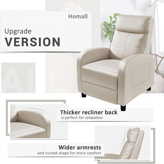 Homall Recliner Chair, Recliner Sofa for Adults, Recliners Home Theater Seating with Lumbar Support, Reclining Sofa Chair for Living Room (Leather, Beige)