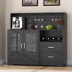 Bar Cabinet for Home with LED Light, Coffee Bar Cabinet with Wine & Glass Rack, Wine Cabinets with Drawers & Microwave Stand, Modern Liquor Cabinets for Kitchen, Living Room, Dining Room (Black)