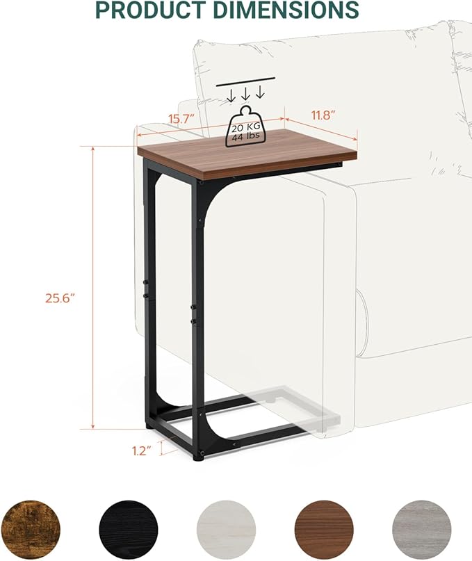 C-Shaped Side Table for Couch - Small Coffee Stand Sofa Tray Desk with Metal Frame and Waterproof Scratch Resistant, Modern End Accent for Living Room, Bedroom, Set of 2, Rustic Walnut