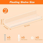 2 Pack Floating Shelves for Wall, 15" Clear Book Shelf, Acrylic Floating Wall Shelf, Display Shelves Organizer for Bathroom, Classroom, Bedroom, Living Room, Kitchen, Room Decor