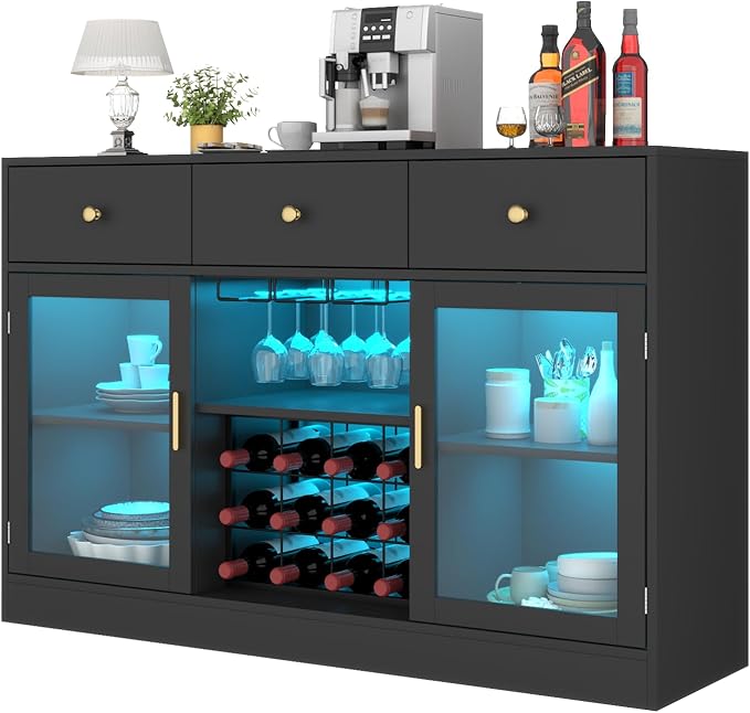 Auromie Wine Bar Cabinet with LED Light, Home Coffee Cabinet with Wine and Glass Rack, Kitchen Buffet Sideboard with Storage Cabinet&Drawers, Modern Liquor Cabinet for Living Room Dining Room (Black.)