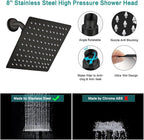 Shower Head, 8‘’ High Pressure Rainfall Shower Head/Handheld Shower Combo with 11'' Extension Arm, 9 Settings Anti-leak Shower Head with Holder, Height/Angle Adjustable, Matte Black