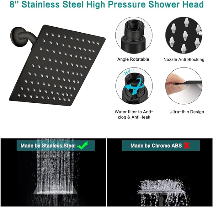 Shower Head 10‘’ High Pressure Rainfall Shower Head/Handheld Shower Combo with 11'' Extension Arm, 9 Settings Anti-leak Head with Holder, Height/Angle Adjustable, Chrome, Matte Black