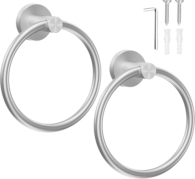 SetSail Towel Holder for Bathroom Wall Silver Towel Ring Stainless Steel Hand Towel Holder Heavy Duty Towel Hanger for Bath, Kitchen Drill Hole, 2 Pack