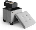 Storage Ottoman Cube with Small Bin, 15-in Square Ottoman with Storage for Living Room and Bedroom, Small Ottomans Foot Rest, Velvet Foot Stools Ottomans Max 330lbs, Light Grey
