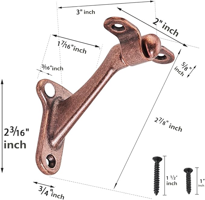 khtumeware 2 Pack 3 Inch Antique Copper Hand Rail Bracket Heavy Duty Hardware for Stairways, Home or Office Vintage Stair Support Handrail Brackets