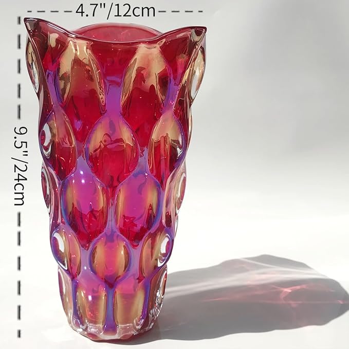 Unbreakable Flower Glass Vase 3.5lb 9.5inch Sparkle vase Bohemian Style, for Centerpieces,Kitchen,Office, Living Room,Wedding,Perfect Home Decor Glass Vase (Sparkle red)