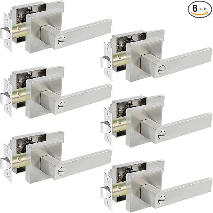 KAMOTA Privacy Door Levers, 6 Pack Satin Nickel Door Handles Bed and Bath Door Locks Interior Keyless Locksets, Left and Right Hand Reversible