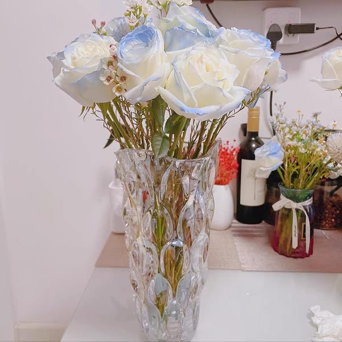 Unbreakable Flower Glass Vase 3.5lb 9.5inch Transparent vase Bohemian Style, for Centerpieces,Kitchen,Office, Living Room,Wedding,Perfect Home Decor Glass Vase (Transparent)