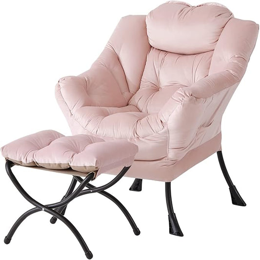 Welnow Lazy Chair with Ottoman, Modern Accent Chair with Armrests and a Side Pocket, Leisure Sofa Armchair, Reading Armchair with Footrest for Small Space, Pink