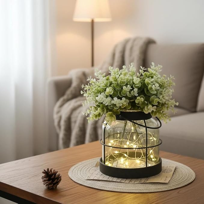 Vintage Glass Farmhouse Vase - Handmade Rustic Lantern Planter with Bonus Artificial Flowers & LED Lights (Home Decor Centerpiece), Farmhouse Wedding/Christmas Decor, Housewarming Gift