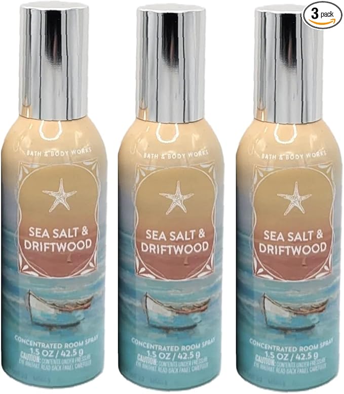 Bath and Body Works Concentrated Room Spray 1.5 oz each - Pack of 3 - Packaging May Vary (Sea Salt and Driftwood)