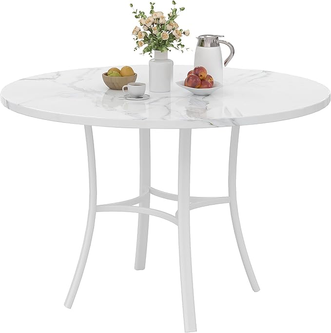 VECELO 36" Round Dining Table for 4, Faux Marble Dinette with Metal Frame for Kitchen, Apartment, Home, Space-Saving, Off White