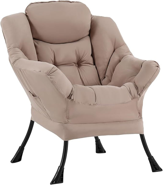 Welnow Lazy Chair for Living Room, Modern Reading Accent Chair with Armrests and a Side Pocket, Leisure Upholstered Lazy Sofa for Small Space, Bedroom, Dorm, Khaki