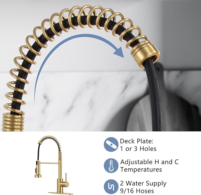 DJS Kitchen Faucets with Pull Down Sprayer Brushed Gold High Arc Single Handle 1 or 3 Holes Spring Kitchen Sink Faucet with Deck Plate for Farmhouse RV Vessel Basin