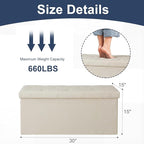 DUMOS 30in Foldable Storage Ottoman Bench, Foot Rest Stool Load 350Lbs,Storage Chest with Padded Seat, End of Bed Bedroom Bench for Living Room,Bedroom, Beige