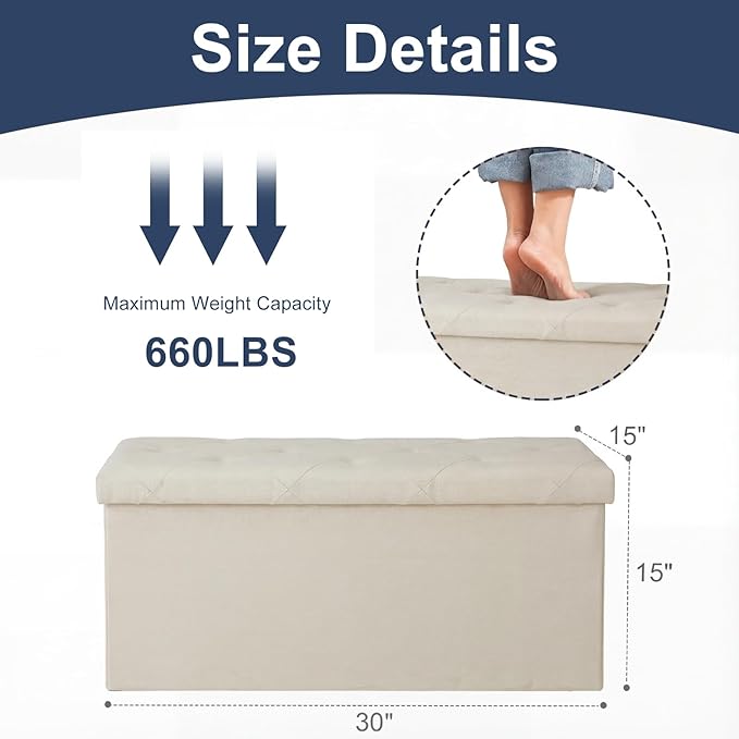 DUMOS 30in Foldable Storage Ottoman Bench, Foot Rest Stool Load 350Lbs,Storage Chest with Padded Seat, End of Bed Bedroom Bench for Living Room,Bedroom, Beige