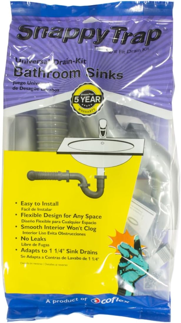 Snappy Trap Universal Flexible P Trap Bathroom Sink Drain Pipe Plumbing Kit for Home Improvement, No Leaks, Easy No Tool Installation, 9-13 Inch Flex Hose & 16 Inch Product Length (DK-105 Silver)