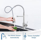 DJS Kitchen Faucets with Pull Down Sprayer Brushed Nickel -Single Handle 1 or 3 Holes Spring Kitchen Sink Faucet with Deck Plate for Farmhouse RV Vessel Basin