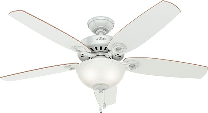 Hunter 52 inch Indoor Ceiling Fan with LED Light - White Ceiling Fan with Pull Chain, For Bedroom or Living Room, Standard Mount, No Remote, 5 Blades, Includes Bulbs - Builder Deluxe 53089, White