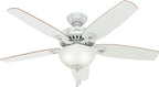 Hunter 52 inch Indoor Ceiling Fan with LED Light - White Ceiling Fan with Pull Chain, For Bedroom or Living Room, Standard Mount, No Remote, 5 Blades, Includes Bulbs - Builder Deluxe 53089, White