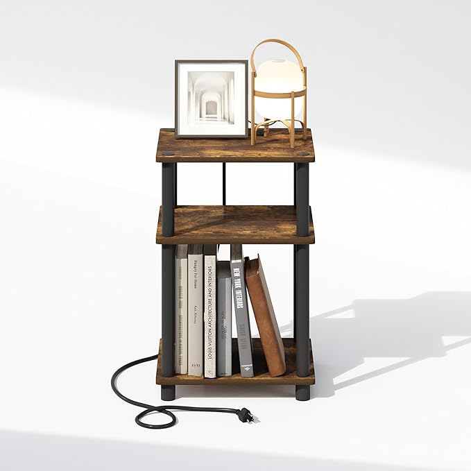 Furinno JUST Night Stand, 3-Tier Turn-N-Tube Nightstand with Charging Station, Bedside Table, End Table, Side Table with USB and Type-C Charging Port, for Bedroom, Closet, Dorm, Amber Pine